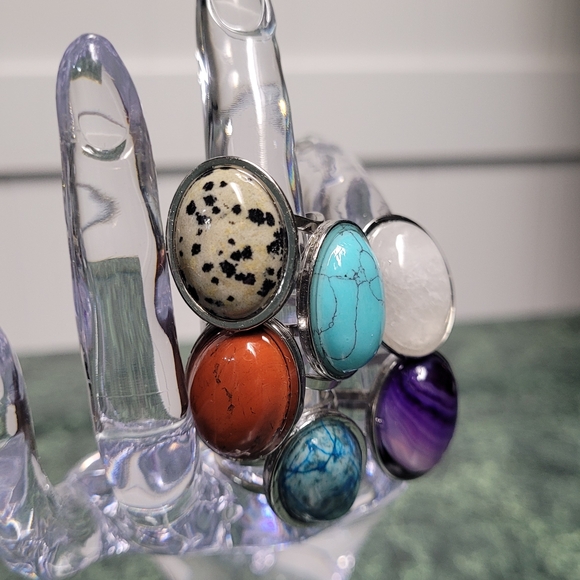 Multi-Variety Stone Silver Stainless Steel Rings Size 7-8 - Picture 5 of 16